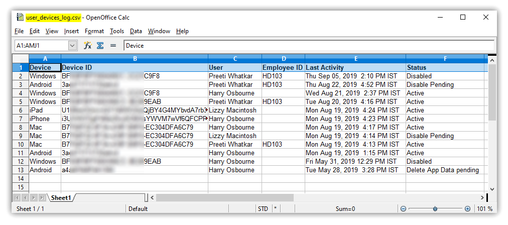 User Device Logs CSV Preview